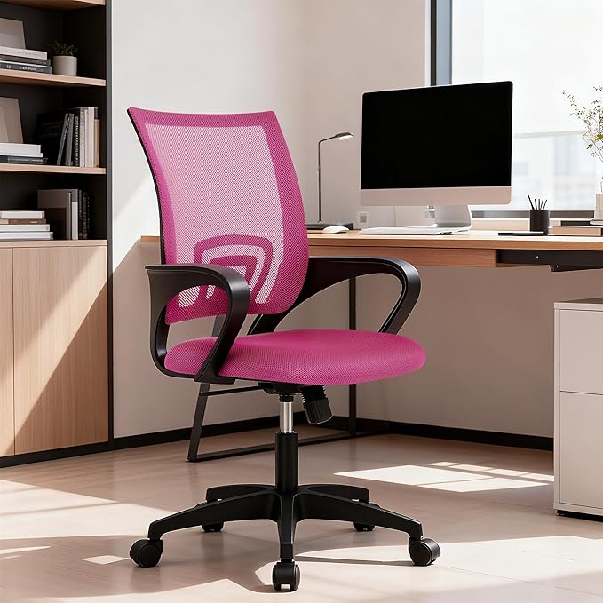 BestOffice | Ergonomic Office Chair | Mid-Back Swivel Desk Chair | Breathable Backrest & Lumbar Support | Adjustable Height | Sponge Seat | Rolling Wheels | Peach Pink | for Adults & Women