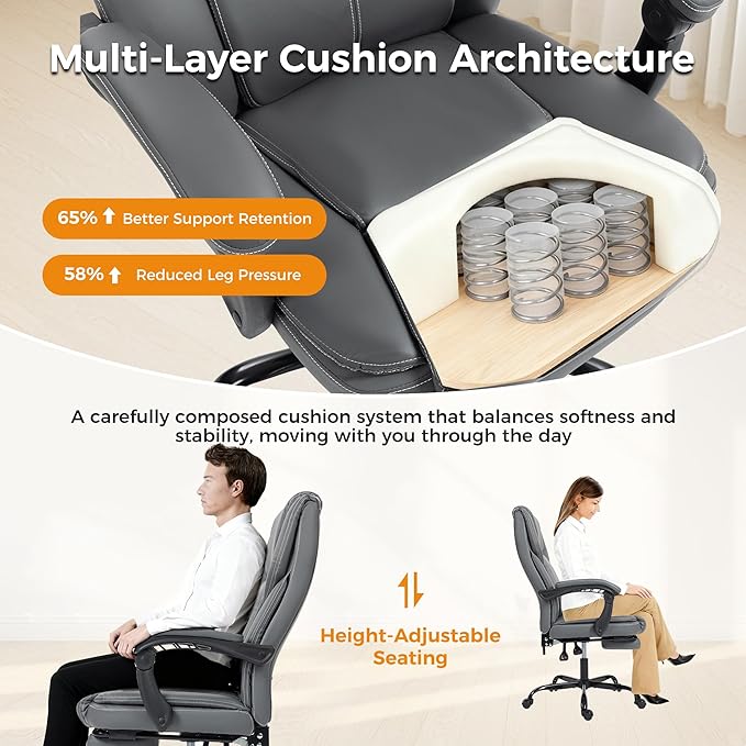 Office Chair with Footrest, Executive Breathable Leather Office Desk Chair with Lumbar Support - Ergonomic Comfy Wide Reclining Swivel Rolling Gaming Computer Chair with Adjustable 90-135° High Back