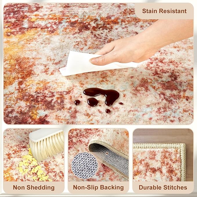 Area Rug Living Room Rugs - 8x10 Washable Modern Neutral Abstract Rugs Soft Low Pile No Slip Stain Resistant Rug Indoor Large Carpet for Bedroom Dining Room Nursery Room Home - Pink/Orange