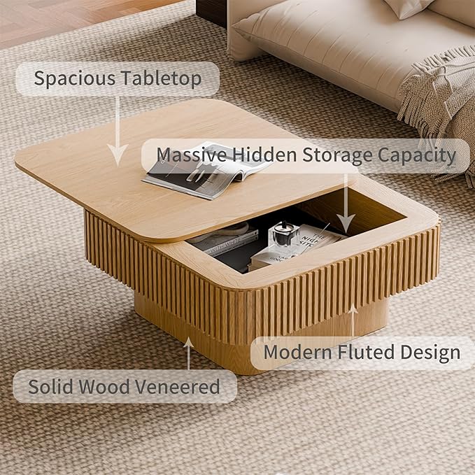 Square Coffee Table for Living Room,Fluted Drum Accent Tea Center Table with Storage,Solid Wood Modern Coffee Tables for Small Space Office Apartment (31.5" L×31.5''W×14''H-Natural)