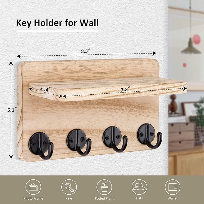 Nekon Key Holder Wall Mount, 8.5 Inch Small Home Decor Wooden Wall Organizer with 4 Hooks and Shelf, Wall Decor for Living Room Entryway Kitchen (Wood)