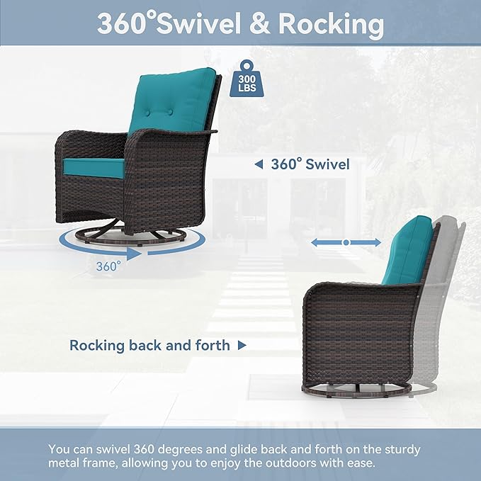 Kurapika 10 Pieces Patio Furniture Set, Rattan Wicker Outdoor Conversation Sets w/43in Propane Fire Pit Table, Swivel Rocking Chairs Patio Sectional Sofa w/4 Inch Cushion, Blue