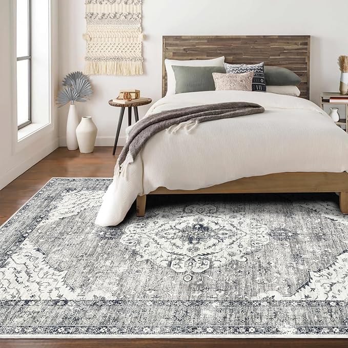 Deerly Grey Rug 6x9 Boho Vintage Rugs for Living Room, Washable Rugs Non Slip Large Area Rug for Dining Room Bedroom Office, Floor Decoration Big Rug Low-Pile Kid & Pet Friendly(Grey)