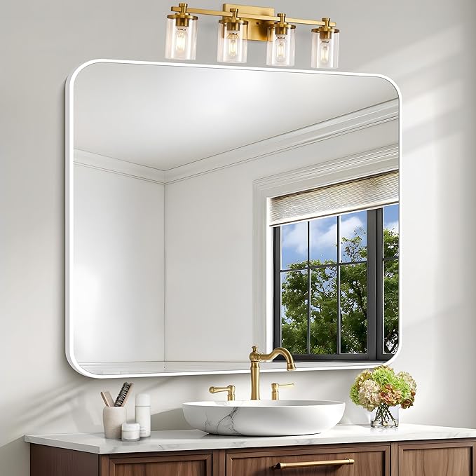 BONEWEI White Bathroom Mirror,36x40 inch Wall Mirror for Bathroom Wall Mounted,Rectangle Mirror for Bathroom Over Sink,Modern Frame Round Corner for Living Room,Bedroom Entryway,Horizontal/Vertical