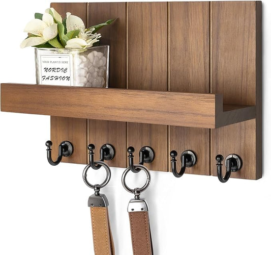 Rebee Vision Decorative Key Holder for Wall - Rustic Key Hooks with Shelf and Mail Organizer Wall Mount for Farmhouse Wall Decor Living Room - Home Essentials for New Home (Brown, 3.54" x 10" x 7.28")