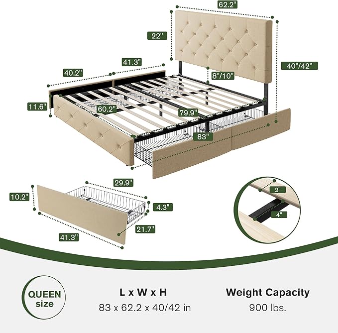 MUTICOR Queen Size Bed Frame with 4 Storage Drawers, Upholstered Platform Bed with Button Tufted Adjustable Headboard, No Box Spring Needed, Easy Assembly, Diamond Tufted, Beige Fabric
