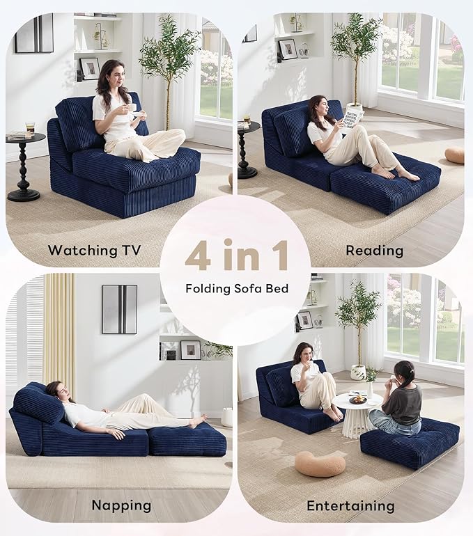 Tbfit Folding Sofa Bed, Convertible Sleeper Chair with Large Pillow, Corduroy Folding Couch Bed, Portable & Foldable Mattress Boneless Floor Sofa for Living Room, Bedroom, Office, Blue, Single