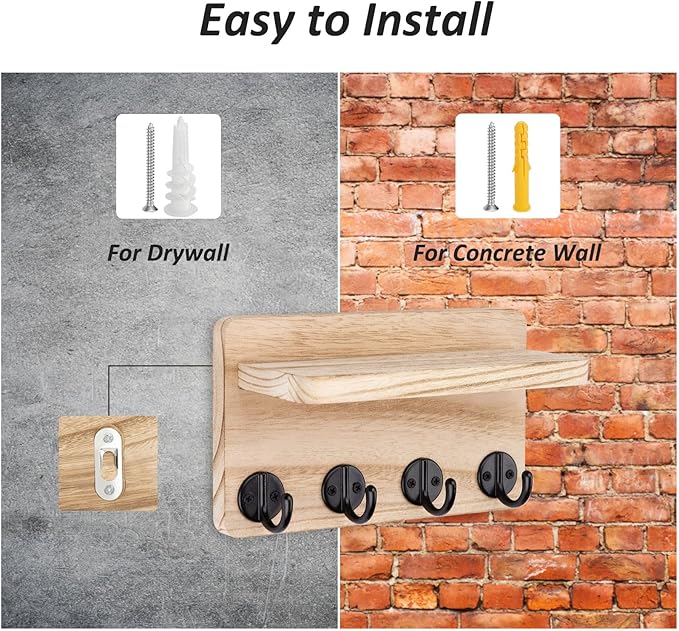 Nekon Key Holder Wall Mount, 8.5 Inch Small Home Decor Wooden Wall Organizer with 4 Hooks and Shelf, Wall Decor for Living Room Entryway Kitchen (Wood)