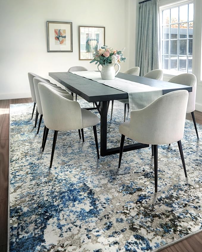 Washable Area Rug for Living Room: 8x10 Modern Abstract Neutral Soft Rug for Bedroom Dining Room No Slip Low Pile Carpet for Nursery Home Office - Grey/Blue