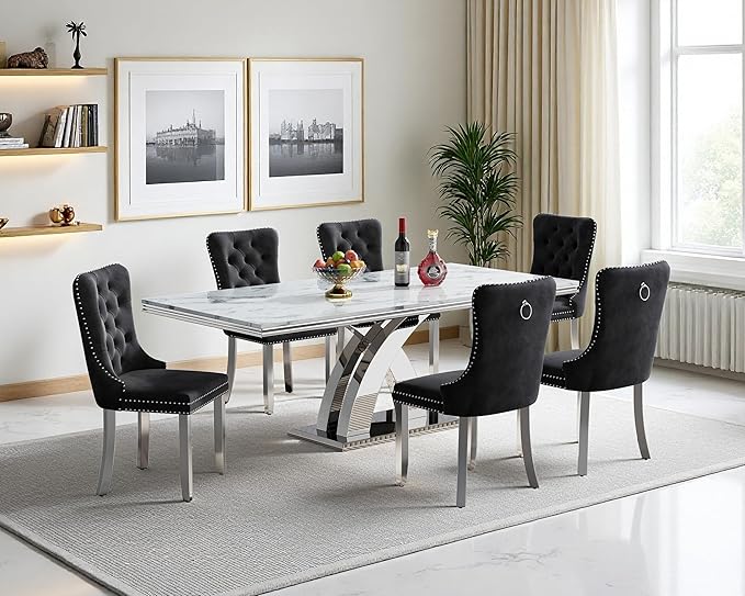 Goujxcy 68" Faux Marble Dining Table Set for 6, 7-Piece Dining Set with White Silver Kitchen Table and 6 Velvet Tufted Chairs, Modern Rectangular Dining Room Table with X-Shape Stainless Steel Base