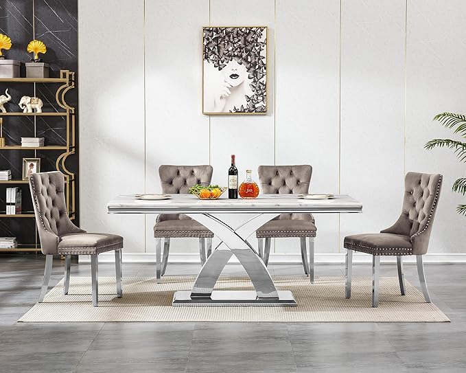 Goujxcy 7-Piece Dining Table Set Modern Faux Marble Dining Table Set for 6, Luxury 68" Long Faux Marble Kitchen Table with 6 Velvet Upholstered Chairs & Mirrored Stainless Steel Base