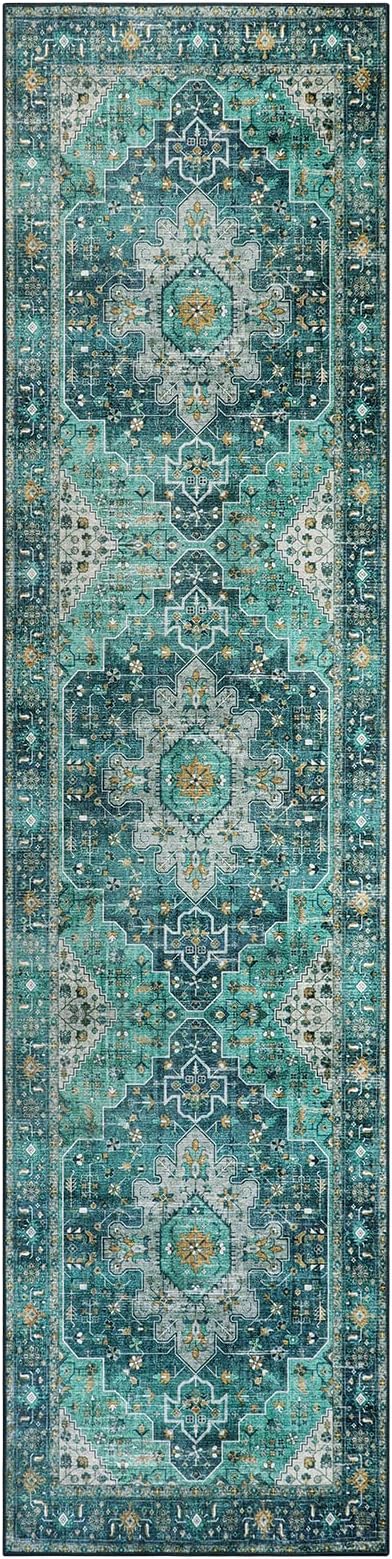Moynesa Ultra-Thin Washable Runner Rug - 2'6" x 10' Teal Runners for Hallways Stair Carpet Runner, Oriental Non Skid Non Shedding Low Pile Kitchen Mat for Bedroom Mudroom Hardwood Floor