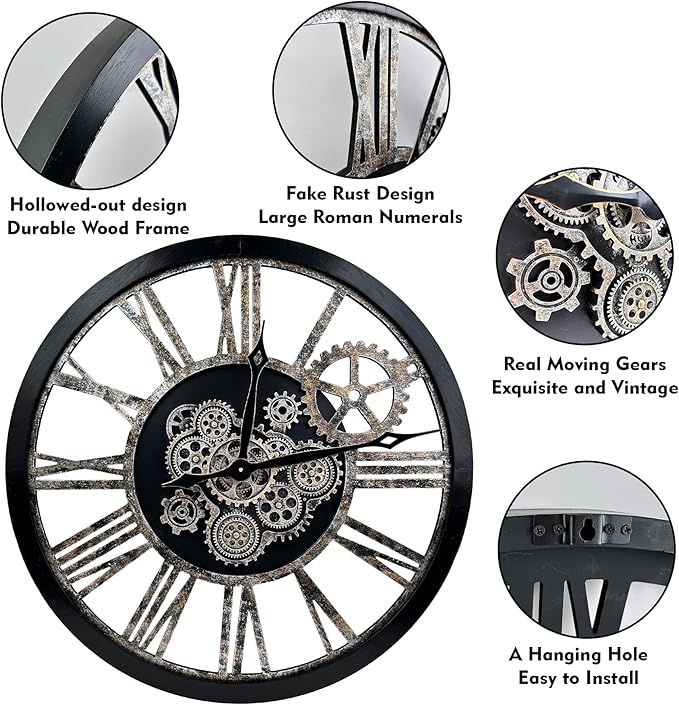 The B-Style Large Real Moving Gears Wall Clock 30 inch Rustic Retro Industrial Farmhouse Wood Clock Oversized Decorative Vintage Wall Clocks for Living Room (Black and Bronze)