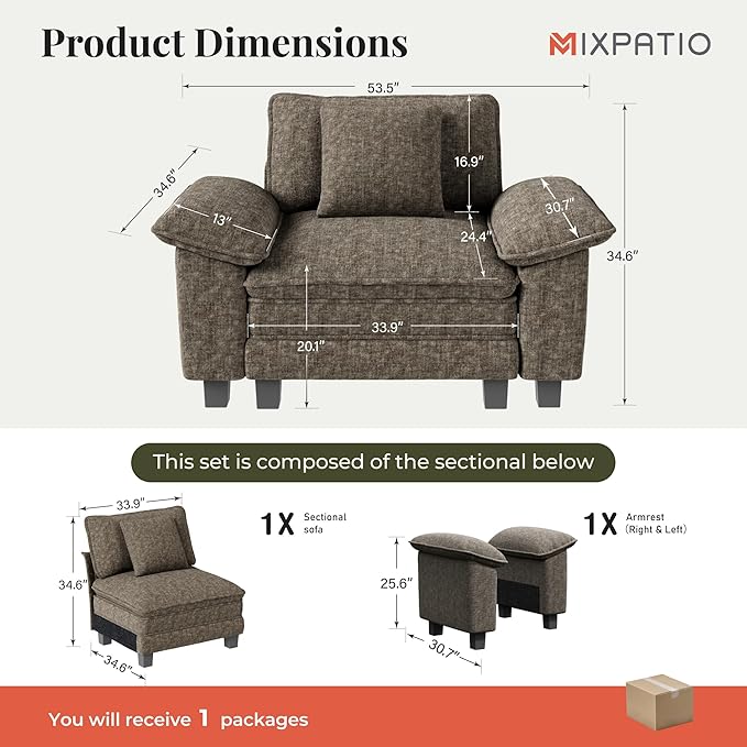 53.5" Modular Sectional Single Sofa, Soft Plush Chenille Armchair with Comfortable Deep Seat & Removable Arms for Living Room，Smoky Gray