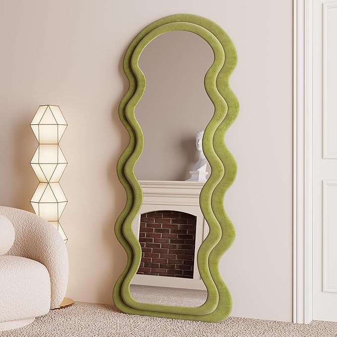 BOJOY Full Length Mirror, 63" x 24" Wall Mirror, Flannel Wrapped Wooden Frame Floor Mirror, Irregular Wavy Mirror Hanging or Leaning Against Wall for Cloakroom/Bedroom/Living Room - Green
