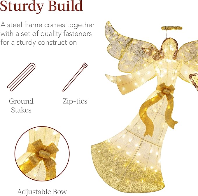 Best Choice Products 5ft Lighted Outdoor Angel Christmas Decoration, Pre-Lit Winged Holiday Figure for Lawn w/ 140 LED Lights, Harp, Bow, Halo, Zip Ties, Ground Stakes