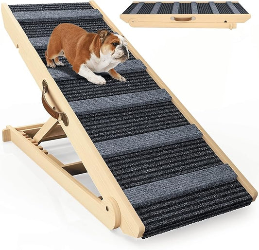 Dog Ramp for Bed, 6 Adjustable Height from 13.8" to 25.6", Folding Wooden Pet Ramp Suitable for Small and Medium-Sized Dogs - Non-Slip High Traction Dog Ramp for High Bed Couch and Car Up to 200lbs