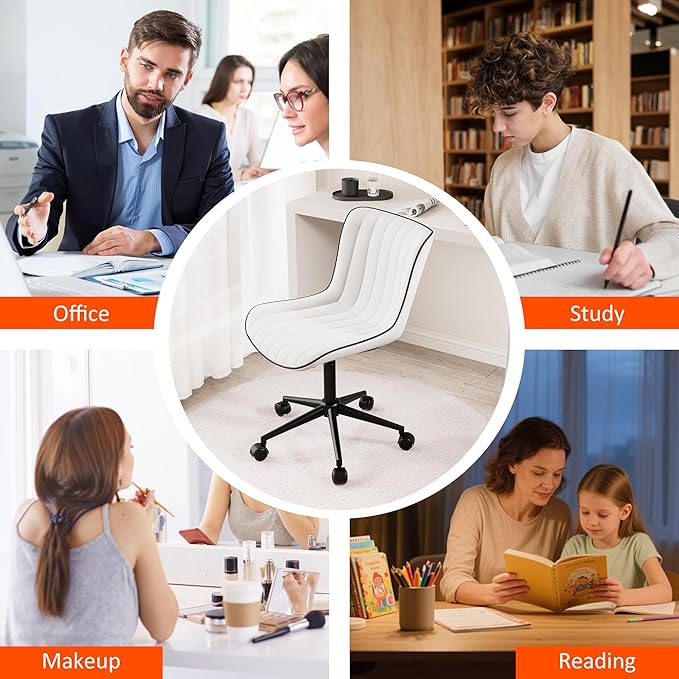 Kidol & Shellder White Leather Home Office Desk Chair with Wheels Modern Cute Armless Executive Swivel Vanity Chair with Comfy Padded Back Ergonomic Rolling Adjustable Computer Task Chair Small
