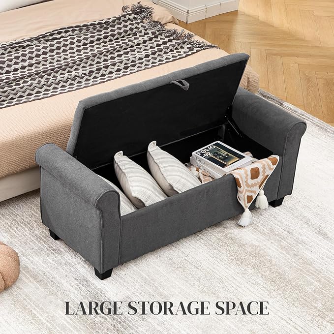 End of Bed Storage Bench for Bedroom, 49" Upholstered Storage Ottoman with Rolled Arms, Rivet Polyester Fabric Ottoman Bench for Bedroom, Living Room, Window, Entryway, Dark Gray