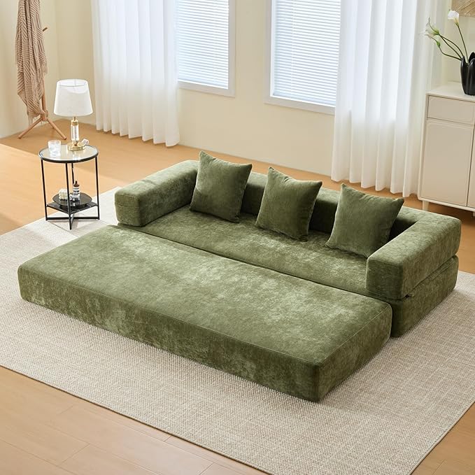 Comfy Convertible Folding Mattress Couch, Floor Sofa Bed, Chenille Floor Sofa with Armrest, Floor Sofa Lounge Couch for Living Room Bedroom Lounge Studio-Green