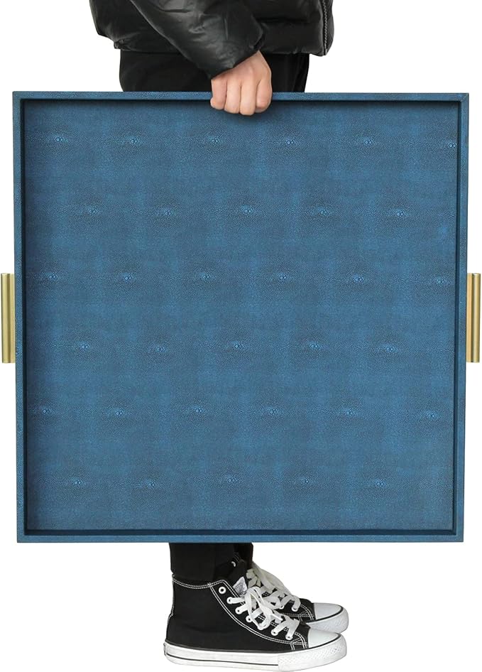 HofferRuffer Extra Large Square Serving Tray, Elegant Faux Leather Ottoman Tray with Gold Hardware Handles, Serve Tea, Coffee or Breakfast in Bed, 24 x 24 inches (Navy Blue Shagreen)