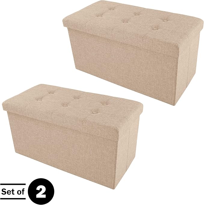 Lavish Home Ottoman Set of 2 - Ottoman Foot Rest, Linen Chest, or Storage Bench Set - 30in Ottomans for Living Room, Bedroom, Dorm Storage (Beige)