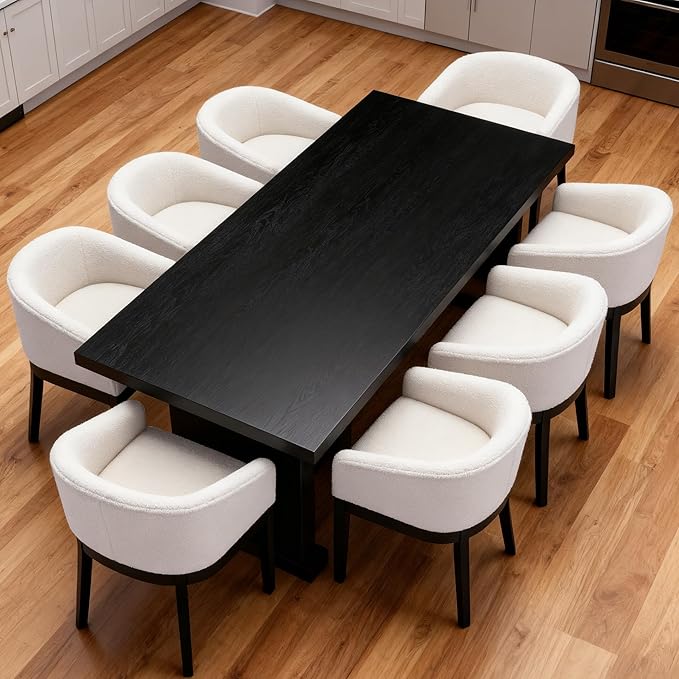 Mid-Century Modern White Dining Chairs Set of 8, Sherpa Upholstered Kitchen Dining Room Chairs with Wood Legs, Curved Backrest Armchairs, White