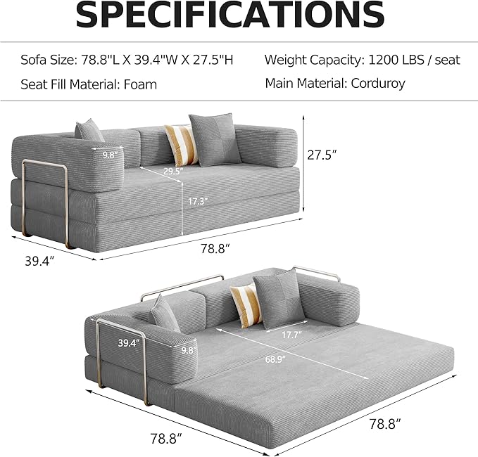 Compressed Sleeper sofa bed,Convertible Floor Boneless Couch-With Comfy Pillow,Modular Modern Corduroy Sofa for living room Bedroom Lounge Studio-With Fixed-shape Frame and support Armrest(Grey)