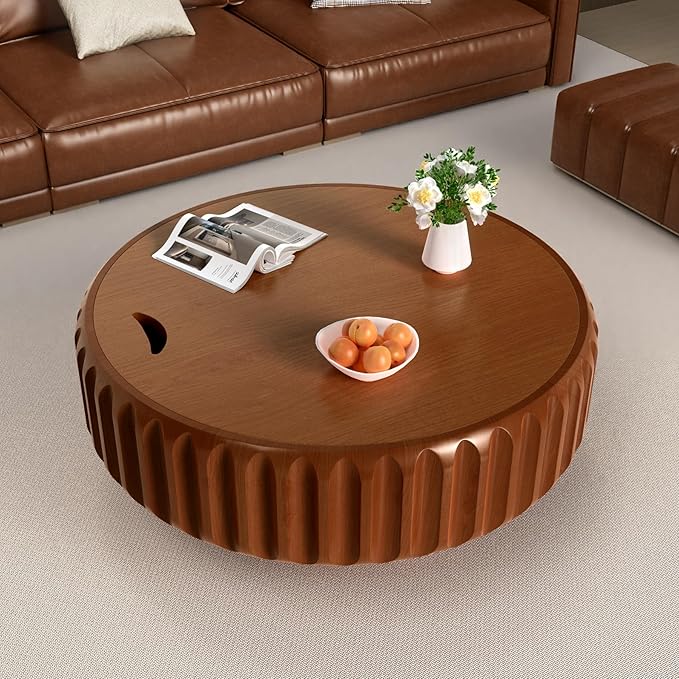 Round Coffee Tables with Storage Fluted Drum Coffee Table with Solid Wood Relief, Modern Circle Wooden Coffee Tables Brown Center Table Accent Tea Table for Living Room Apartment (Round 31.5'')