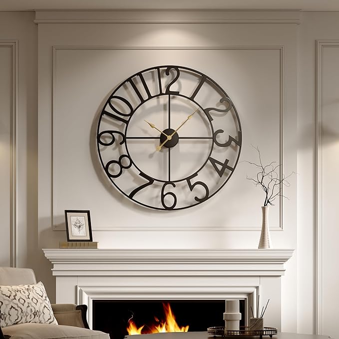 Cuspin Large Wall Clock for Living Room Decor, 30 Inch Decorative Wall Clocks Battery-Operated Silent Non Ticking Metal Modern Black Round Clock Arabic Numerals