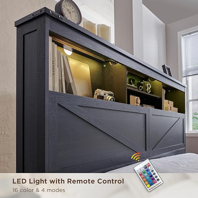 ACCOHOHO Farmhouse Full Size Bed Frame with 52" Tall Storage Headboard and LED Light,Wood Platform Bed Frame with 4 Drawers and Charging Station,Solid Wood Slats Support,No Box Spring Needed,Black