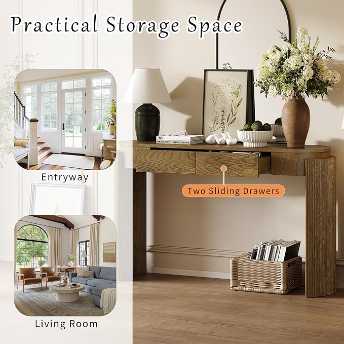 55" Wood Console Table for Entryway with Fluted,Modern Curved Oval Hallway Table and 2 Drawers,Rustic Farmhouse Narrow Sofa Table for Living Room,Bedroom,Apartments -Dark Natural