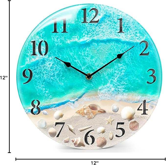 Coastal Nautical Glass Wall Clock with Seashell Design and Aesthetic Beach Theme - Battery Operated Silent Wall Decor for Home, Kitchen, Living Room, Office, Bedroom, or Bathroom (12 Inch,Teal)