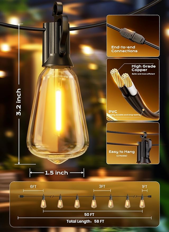 Brightown Outdoor String Lights, 50FT 18+1 LED ST38 LED Patio Lights Shatterproof, Dimmable IP65 Waterproof Connectable Hanging Outdoor Light for Backyard, Porch, Deck, Balcony