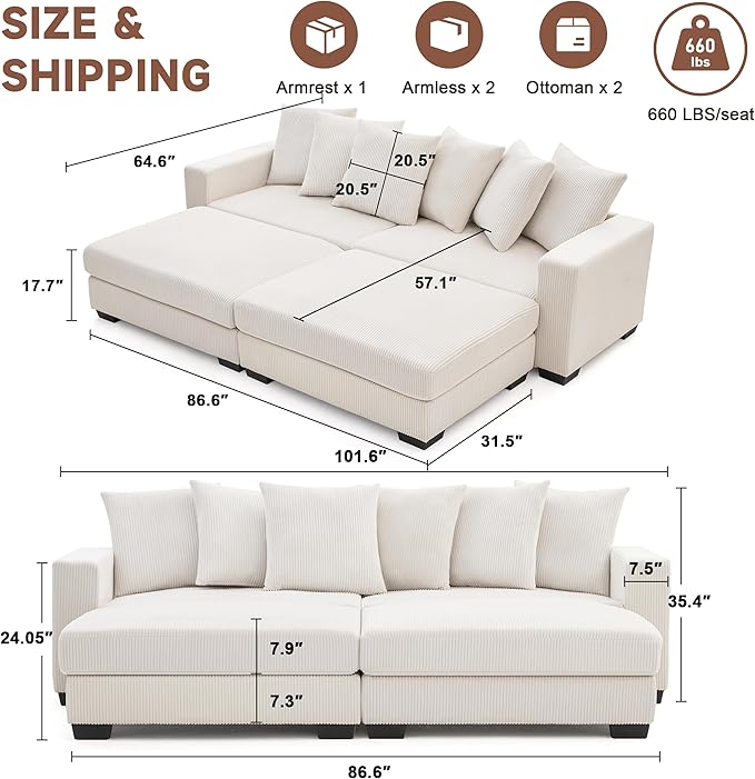 101.6" Deep Seat Corduroy Sectional Couches for Living Room, Comfy Upholstered Modular Sectional Sofa Bed, Cloud Couch with Thickened Cushions Widened Armrests,2 Seats + 2 Ottoman, Beige