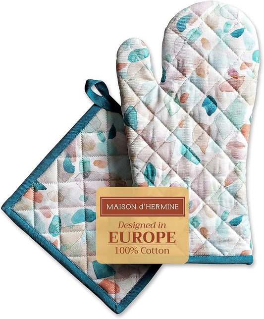 Maison d' Hermine 100% Cotton Oven Mitt & Pot Holder Set (7.5"x13" & 8"x8") Heat Resistant BBQ Cooking Gloves with Loop, Baking, Grilling, Kitchen, Handling Hot Pans Spring/Summer (Summer Picnic)
