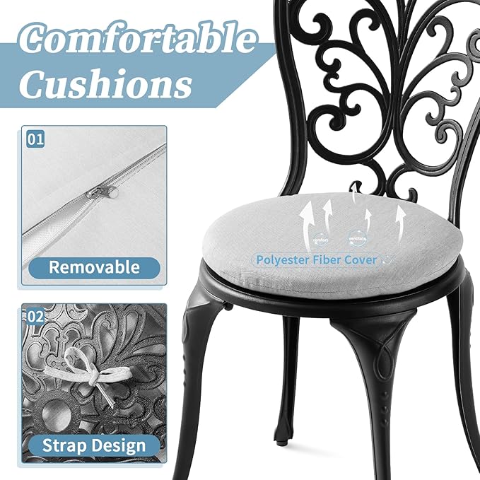 3 Piece Bistro Patio Set Cast Aluminum Bistro Table and Chairs Set of 2 with Cushion,Outdoor Bistro Table Set with Umbrella Hole,Metal Patio Furniture Set for Garden,Black