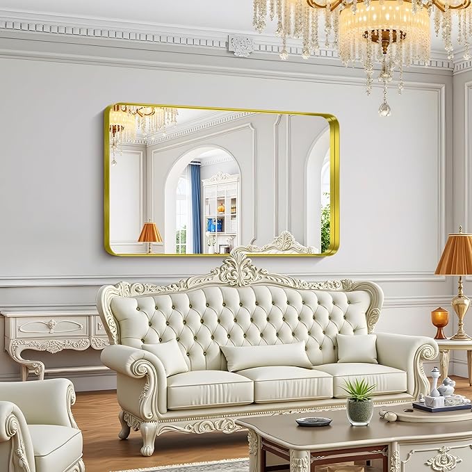 FORBATH 60x36 Inch Large Bathroom Mirror for Double Sinks, Brushed Gold Deep Frame Wall Mirror with Rounded Corners, Anti-Rust Tempered Glass for Modern Farmhouse Vanity (Horizontal/Vertical)