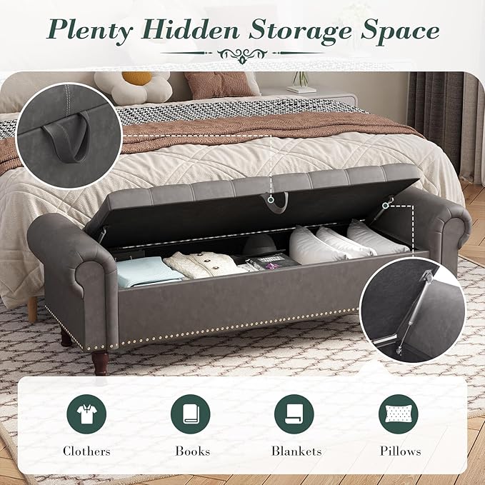 Apicizon 60” Bench with Storage, Upholstered Tufted Button Bedroom Bench with Storage, Faux Leather End of Bed Bench with Rolled Arms, Storage Ottoman Bench for Bedroom, Living Room, Entryway, Gray
