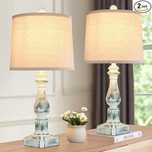 RORIANO 23'' Set of 2 Rustic Table Lamps for Bedroom Living Room, Traditional Farmhouse Resin Desk Lamps, Washed Green Retro Nightstand Lamps for Home Office Entryway, 2 Bulbs Included