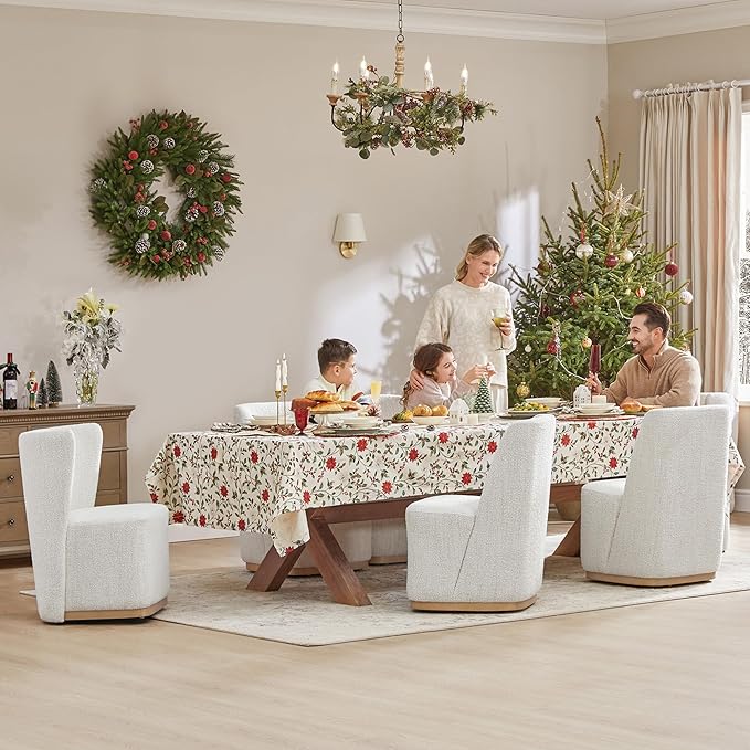 CHITA Upholstered Rolling Dining Chair on Casters Set of 2, FSC Certified Modern Fabric Dining Chair with Casters, Boucle Dining Chairs for Reading Room Kitchen Dining Room, Pearl