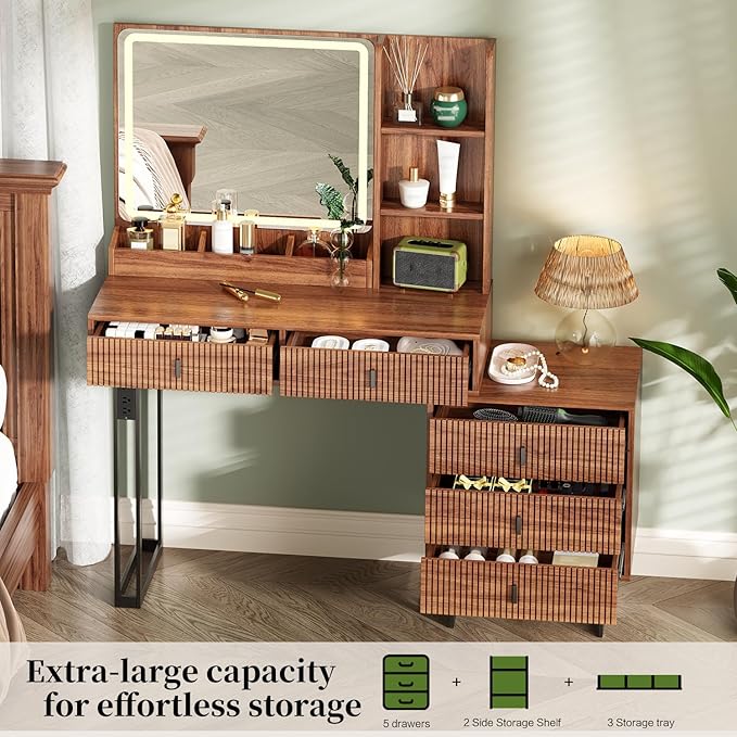 Large Vanity Desk with 3 Color Touch Screen Dimming Mirror, Vanity Desk with Charging Station, Modern Retractable Makeup Dressing Table, Makeup Table With storage shelves and 5 Sliding Drawers, Walnut