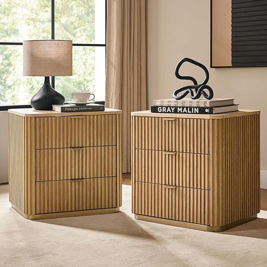 Fluted Nightstand Set of 2 with 3 Drawers, Modern End Table with Charging Station, USB Type-C Ports & Metal Frame for Bedroom,Natural