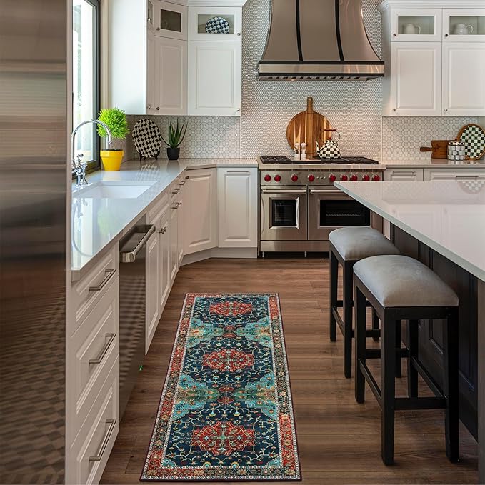 WILLSUN Washable Area Rugs, 2x6 Non-Slip Boho Area Rugs for Kitchen, Living Room, Bedroom, Machine Washable Vintage Rug, Indoor Floral Print Carpet for Home Decor, Kid & Pet Friendly Mat
