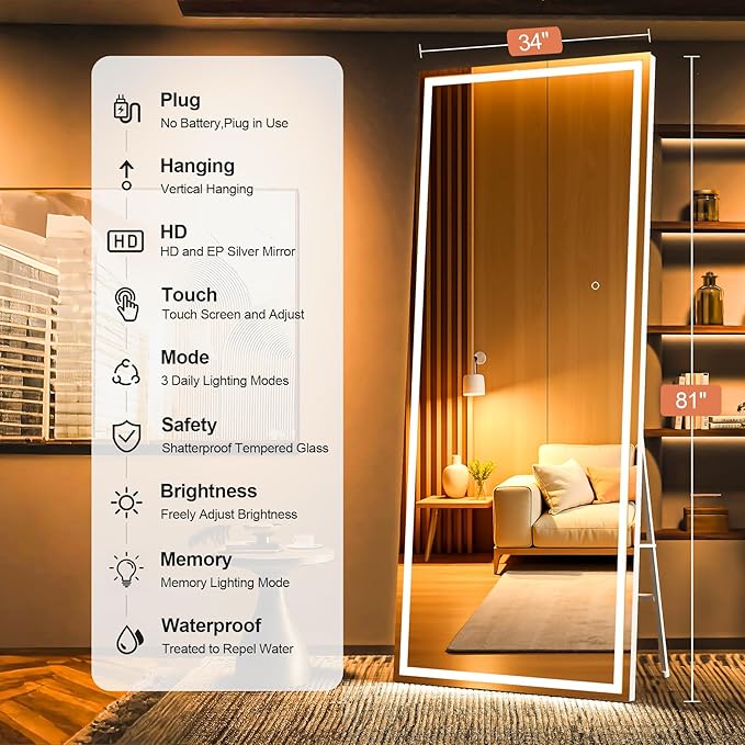 Full Length Mirror with Lights, 81" x 34" Large LED Lighted Floor Standing Body Mirror, Dimmable & 3 Color Lighting for Bedroom, Cloakroom, Dressing Room, Leaning & Hanging, Square Black