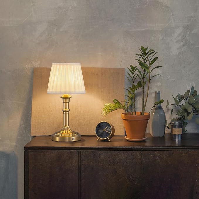 KDG Cordless Portables Table Lamp, LED Fabric Shade Small Desk Lamps, 4000mAh Battery Powered Lighting, 2700K Stepless Dimmable Light for Living Room, Dining Room, Bedroom, Bedside (Bronze)
