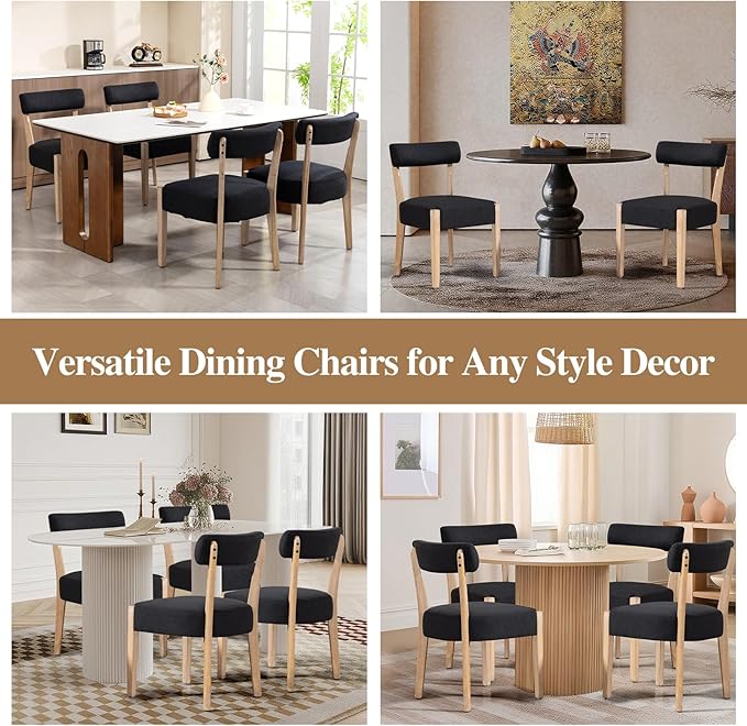 Dining Chairs,Set of 2 Mid-Century Modern Wooden Kitchen Chairs with Linen Upholstery - Low-Back Woven Design for Kitchen & Dining Room,Black Fabric