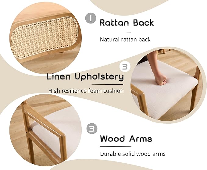 EALSON Rattan Dining Chairs with Arms Set of 2 Mid Century Dining Room Chairs with Wood Legs Linen Upholstered Kitchen Chairs Farmhouse Cane Back Arm Chairs for Living Room, Beige, Light Natural