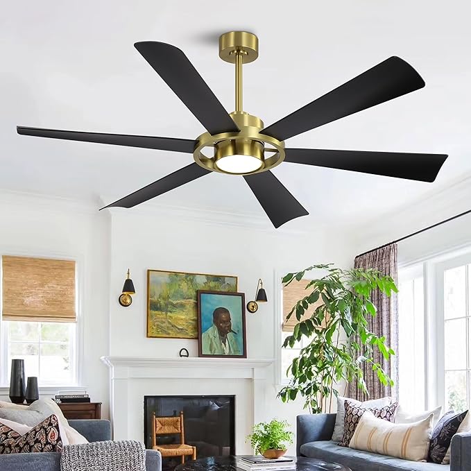 ELEHINSER 60" Ceiling Fan with Lights - 6 ABS Plastic Blades, 3 Downrods, 6-Speed Reversible DC Motor, 3CCT, Windmill Ceiling Fan for Kitchen Bedroom Living Room, Brass and Black