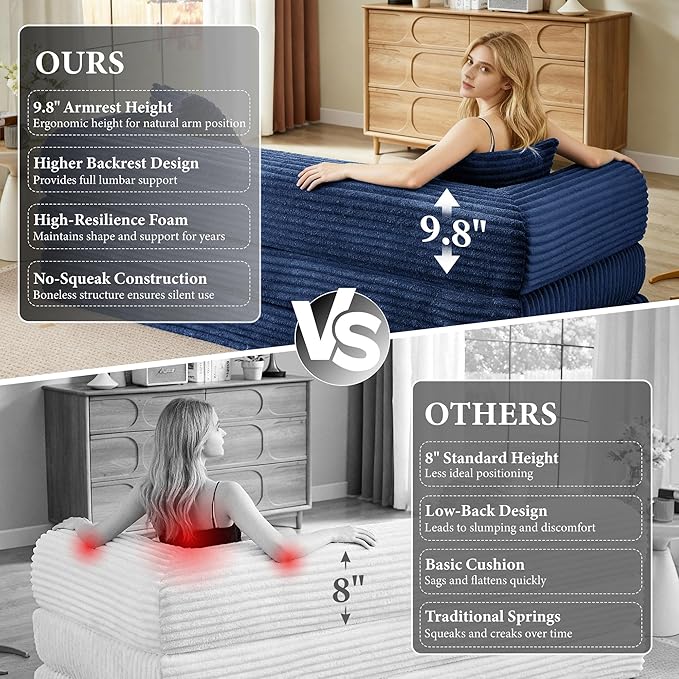 Boneless Couch Sofa Bed Sectional Couches for Living Room,Futon Cloud Couch with Sleeper Sofa,Sofas for Living Room Oversized Corduroy Upholstered (Blue)